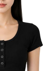 Camiseta Henley Corta de Algodón Elástico para Mujer, Negra, Personalizada, de Manga Corta, con Cuello de Botones, Ajustada, Informal, de Verano, a la Moda - Product Image 4