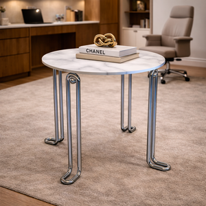 Mesa de Centro Redonda Minimalista y Duradera con Tapa de Metal y Patas de Metal Cromado para Sala de Estar Moderna o Apartamento - Product Image 1