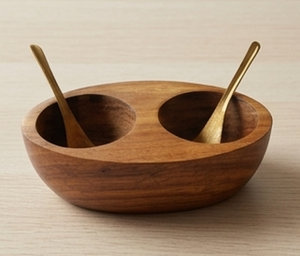 Bol de service élégant en bois à double compartiment avec deux cuillères, outil pour herbes et épices, accessoires de cuisine durables - Product Image 3