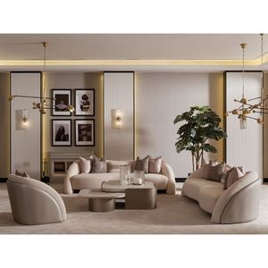 Luxury Solid Teak Wood Living Room Furniture <b>Set</b> Modern Cream Boucle Curved <b>Sofa</b> 3 1 Seater Coffee Table Villa Hotel - Product Image 1