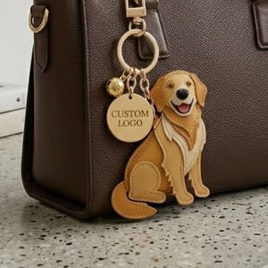 Premium Tan PU <b>Leather</b> Animal Bag Charm featuring Personalized Custom Gold Tag Golden Retriever <b>Keychain</b> - Product Image 3