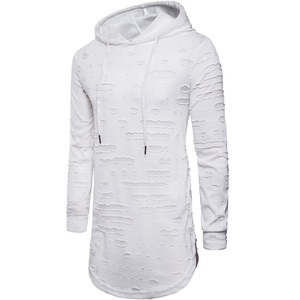 Plain Blank White Color Pullover Distress Hoodie Slim Fit Elongated Tall Knitted French Terry Rip Distressed Hoodie Breathable - Product Image 2