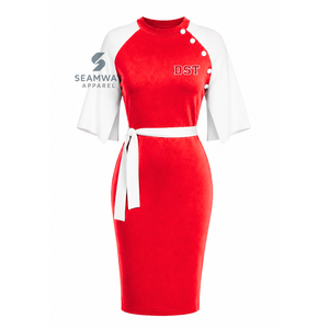 Delta |   Sigma |   Vestido Midi Ajustado de Mujer Theta con Bloques de Color en Contraste Rojo y Blanco, Manga Capa, Detalle de Botones y Lazo en la Cintura - Product Image 1