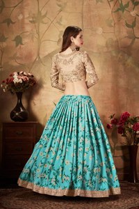 Blue Floral Organza A-Line Floor-Length <b>Lehenga</b> Choli Embroidered Bollywood Wedding Dress Women Party Outfit - Product Image 4