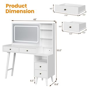 Toeletta Bianca Scanalata con Specchio LED Illuminato e Cassetti, 3 Colori di Illuminazione, Controllo Touch, Tavolo da Trucco per Camera da Letto - Product Image 3