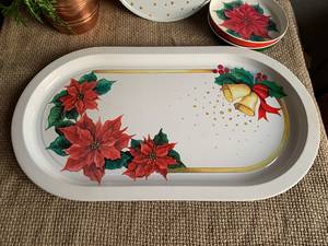 Metal Oval <b>Serving</b> Tray with Poinsettia Design Handpainted <b>Dishes</b> <b>Set</b> for Party Decor - Product Image 5