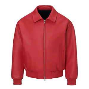 Latest <b>Hot</b> Selling Premium Quality Custom Design <b>Red</b> Real Leather Jacket Streetwear Square Collar Leather Outdoor Jackets Men's - Product Image 1