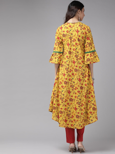 ชุดคุर्ตาผ้าแคมบริคคอตตอนพิมพ์ลายปักกระจกสไตล์เอธนิคแบบดั้งเดิมสำหรับฤดูร้อน สีมัสตาร์ด แห้งเร็ว ป้องกันแสงแดด เหมาะสำหรับงานเทศกาลและสวมใส่สบายๆ - Product Image 3