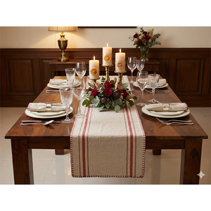 Linen <b>Table</b> <b>Runner</b> with Geometric Printed Pattern & Tassel Trim | Decorative <b>Dining</b> <b>Table</b> <b>Runner</b> | Premium Home & Restaurant - Product Image 2