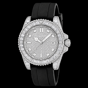 Reloj de pulsera de lujo para hombre con correa de caucho negra, esfera plateada con incrustaciones de piedras y fecha, a la moda. - Product Image 1