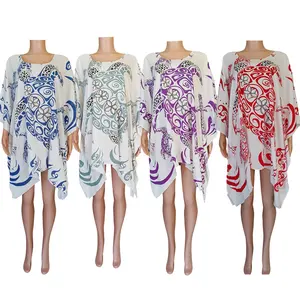 Nuevo diseño mujeres Poncho vestido playa cubrir hasta Casual verano vestidos rayón impreso