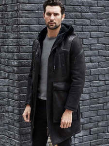 Veste en cuir longue à capuche pour homme avec doublure en fausse fourrure, fermeture éclair, coupe-vent, manteau d'hiver, coupe classique, style moto - Product Image 5