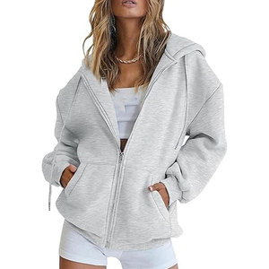 Sweat à capuche zippé surdimensionné pour femme avec logo personnalisé, impression en relief, couleur unie, chaud pour l'hiver, en molleton de coton respirant, entièrement zippé - Product Image 5