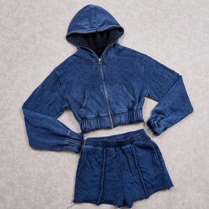 Women's Two Piece Custom Logo <b>Crop</b> Hoodie Short <b>Set</b> <b>Top</b> Selling Customized Women Acid Wash <b>Crop</b> <b>Top</b> Hoodie Short <b>Set</b> - Product Image 1