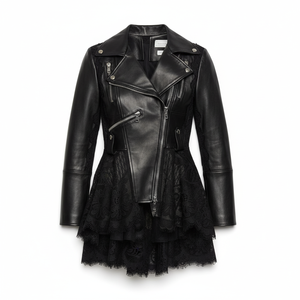 Chaqueta de Cuero con Encaje para Mujer, Chaqueta de Cuero Genuino para Mujer - Product Image 1