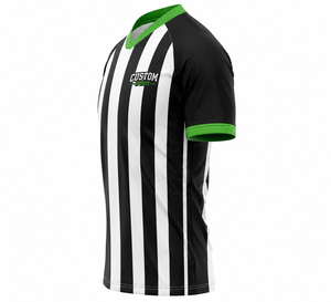 Men Black White Striped <b>Referee</b> Shirt Green V Neck Trim Short Sleeve Professional Football Officials Performance Game Jersey - Product Image 3