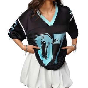 Distressed Graphic Sublimation American Football Jersey V-Neck Contrast Trim Mesh Fabric Streetwear Oversized Hip Hop Shirts - Product Image 4