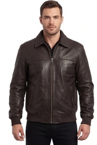 Wholesale <b>Men</b> Real <b>Leather</b> Zippered Eco-Friendly Hooded <b>Jacket</b> Dark <b>Brown</b> Detachable Hood Bomber Custom Aviator Flight Outerwear - Product Image 3