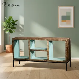 Rustic Wooden Iron <b>Media</b> Cube Rack with Open Compartments and Metal Legs for Living Room <b>Storage</b> - Product Image 4