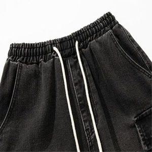 Pantalones Cortos Cargo Negros para Hombre, Cintura Elástica con Cordón, Estilo Casual, Color Sólido, Transpirables, Diseño de Bolsillos, Secado Rápido - Product Image 4