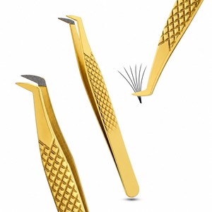 Pinzas Curvas para Pestañas con Punta Dentada de Precisión, Recubiertas en Oro y con Diamantes, para Aplicación de Pestañas de Volumen - Product Image 1