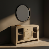 Buffet de salon, console avec trois tiroirs centraux et deux portes latérales vitrées, design moderne, meubles pour la maison