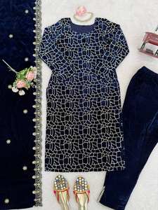 Robe de soirée et de mariage artisanale moderne ethnique en velours de viscose épais et fluide, ornée de sequins, style Sahara, pour l'automne. - Product Image 5