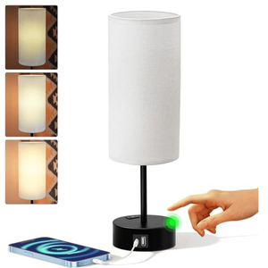 Lampada da Tavolo in Lino Dimmerabile a 3 Livelli con Porte di Ricarica USB A+C, Piccola Lampada da Comodino con Controllo Touch e Presa AC - Product Image 1
