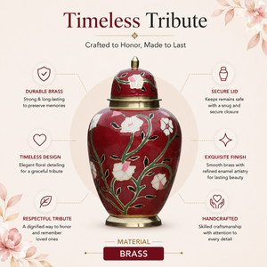 Urna Funeraria de Latón con Diseño Floral Rojo para Cenizas Humanas, Esmaltada a Mano, Recuerdo Conmemorativo para Adultos, Vaso Funerario con Diseño Elegante - Product Image 5