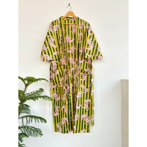 Printed <b>Animal</b> <b>Pattern</b> Breathable 100% Cotton Kimono Robe with Belt Long Sleeve Maxi Length Loose Fit Striped Design Cover-Up - Product Image 1