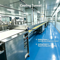 Automatische machine voor het coaten van eiwitrepen met chocolade, inclusief warmhoudtank en koeltunnel voor de productie in een snackfabriek