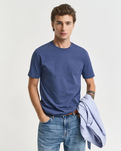 T-shirt en coton bleu pour homme, manches courtes, col rond, coupe classique, jersey décontracté, couleur unie, respirant, tricoté, tendance - Product Image 1