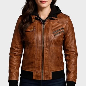 Blouson aviateur unisexe en cuir marron vieilli avec capuche amovible - Product Image 4