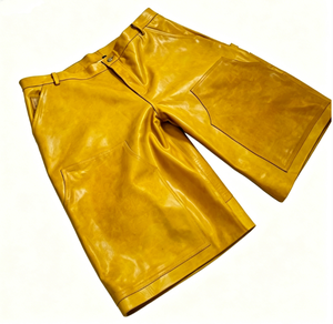Yellow <b>Leather</b> Bermuda <b>Shorts</b> With Pockets Mid Waist Regular Fit Casual Style Women's <b>Shorts</b> - Product Image 1