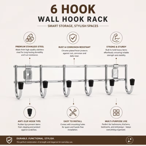 6 <b>Hook</b> <b>Wall</b> Rack <b>Wall</b> Mounted Coat <b>Hook</b> Organizer Entryway Hanger Bathroom Towel Holder Kitchen Utility Storage Rack <b>wall</b> <b>hook</b> - Product Image 5
