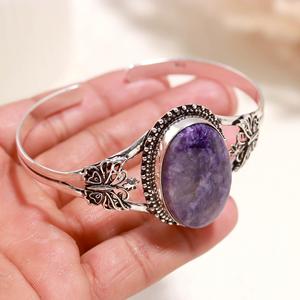 Natural Charoite Gemstone <b>Silver</b> <b>Bracelet</b> | Oval Purple Charoite Cabochon Jewelry | Wholesale Supplier - Product Image 1
