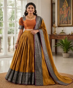 Lehenga Choli Dupatta de Seda Amarilla, Traje Tradicional Indio para Bodas, para Mujer, Largo hasta el Suelo, Corte Regular, 85244 ST 228- Bhagyalaxmi - Product Image 1