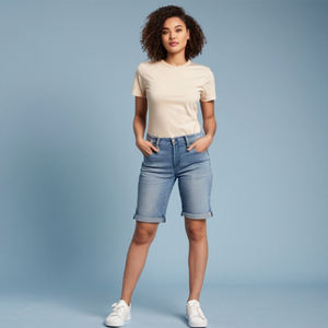 Pantalones cortos vaqueros holgados hasta la rodilla para niñas, con lavado desgastado y opciones de detalles rasgados/desgastados - Product Image 1