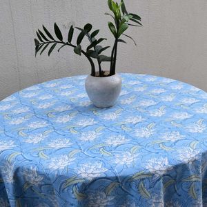 Nappe en coton 100% fabriquée en Inde, design français, imprimée à la main, couleur bleu lotus japonais, 220x220cm, pour la décoration - Product Image 4