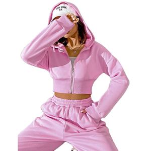 Conjunto de Dos Piezas para Mujer al por Mayor, Top Corto con Cremallera Rosa, Pantalones Deportivos de Algodón 100% Pesado con Capucha, Conjunto de Dos Piezas - Product Image 3