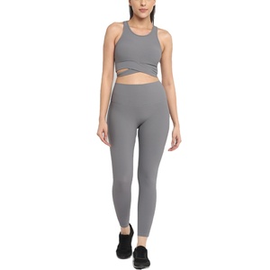 Women's Plus Size Garment Dyed Striped Solid Lace Gym Wear Fitness Sleeveless Crop Top Yoga Set Belt 3 Piece Waist Sports Wear - Product Image 1