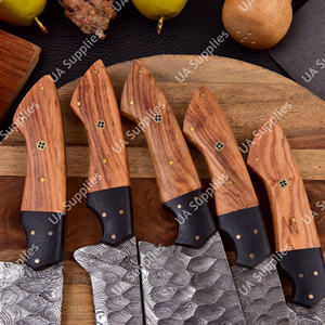Ensemble de 5 couteaux de chef pour barbecue en acier Damas, faits à la main, à lame pleine, forgés à la main, manches en bois de bourrache d'olivier, style japonais, avec étui en cuir - Product Image 3