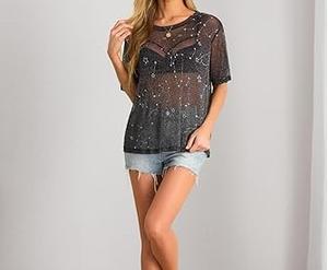 Camiseta de malla transparente de manga corta con hombros caídos y estampado personalizado para mujer, talla grande, estilo desgastado, para playa y exteriores, de poliéster - Product Image 6