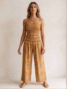 Ensemble décontracté bohème 2 pièces pour femme : haut court tricoté et pantalon large imprimé cachemire, coupe ample, 100 % soie, tenue printemps-été - Product Image 3