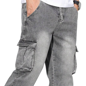 Mens Solid <b>Light</b> Grey Denim Cargo Pants Loose Fit Mid Waist Multi Pocket Casual Washed Utility Jeans - Product Image 3