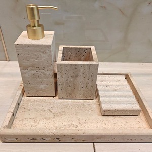 Ensemble d'accessoires de salle de bain en marbre naturel : distributeur de savon, porte-brosse à dents, gobelets, distributeur de savon moussant pour hôtel - Product Image 4