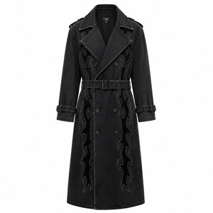 Gabardina de Mezclilla de Lujo con Apliques de Pedrería para Hombre, Estilo Gótico, Negra, Larga, con Doble Botonadura y Cinturón - Product Image 2