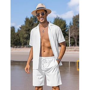 Conjunto de Camisa y Pantalones Cortos de Verano para Hombre, Estilo Guayabera con Cuello Cubano, Plisado Vertical, 2 Piezas - Product Image 2