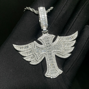 Winged Cross Pendant Necklace Moissanite Diamond 925 Silver <b>Iced</b> <b>Out</b> Angel Wings Religious <b>Chain</b> - Product Image 2