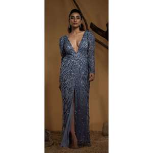 Robe de soirée de luxe bleue à sequins, manches longues, col en V profond |   Robe de soirée fendue haute pour femme, style indien 2026, coupe premium, collection designer - Product Image 1